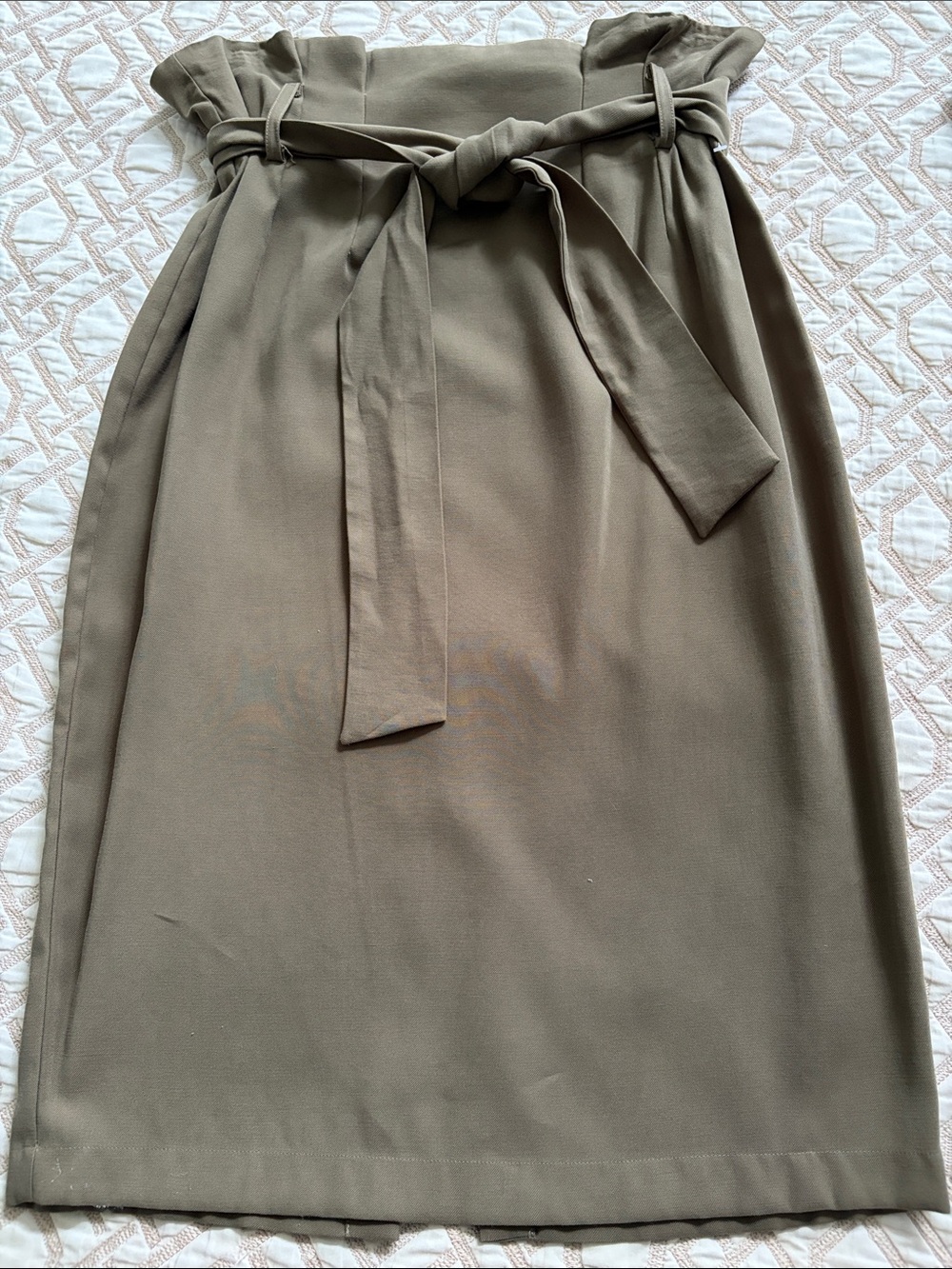 Alex Marie Olive Green Paperbag Midi Skirt with Tie Belt